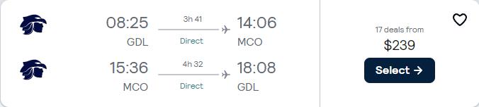 Non-stop flights from Guadalajara, Mexico to Orlando, Florida for only $239 USD roundtrip with Aeromexico. Flight deal ticket image.