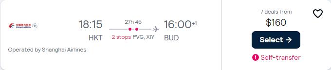 Click here to book this cheap flight deal. Cheap flights from Phuket, Thailand or Seoul, South Korea to Budapest, Hungary from only $160 USD one-way. Flight deal ticket image.