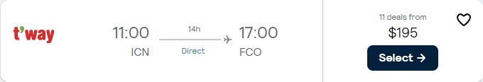 Click here to book this cheap flight deal. Non-stop flights from Seoul, South Korea to Rome, Italy or Paris, France for only $195 USD roundtrip. Flight deal ticket image.