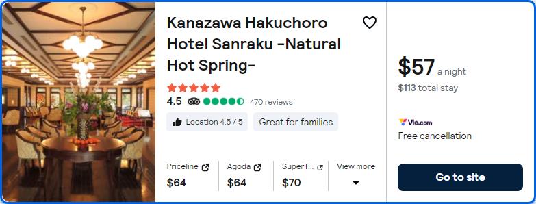 Click here to book this cheap flight deal. Stay at the 5* Kanazawa Hakuchoro Hotel Sanraku -Natural Hot Spring- in Kanazawa, Japan for only $57 USD per night. Flight deal ticket image.