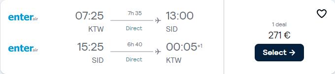 Non-stop, last minute flights from Katowice, Poland to Sal, Cape Verde for only €271 roundtrip. Flight deal ticket image.
