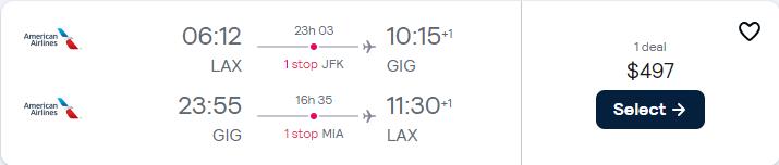 Cheap flights from Los Angeles to Rio de Janeiro, Brazil for only $497 roundtrip with American Airlines. Flight deal ticket image.