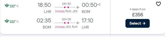 Cheap flights from London or Birmingham, UK to Mumbai, India from only £356 roundtrip. Flight deal ticket image.