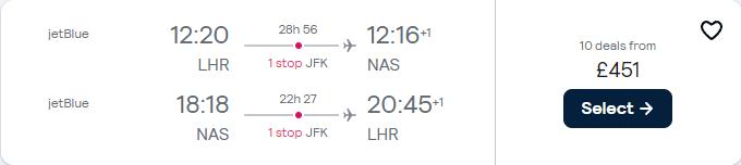 Click here to book this cheap flight deal. Cheap flights from London, UK to the Bahamas for only £451 roundtrip with JetBlue. Flight deal ticket image.