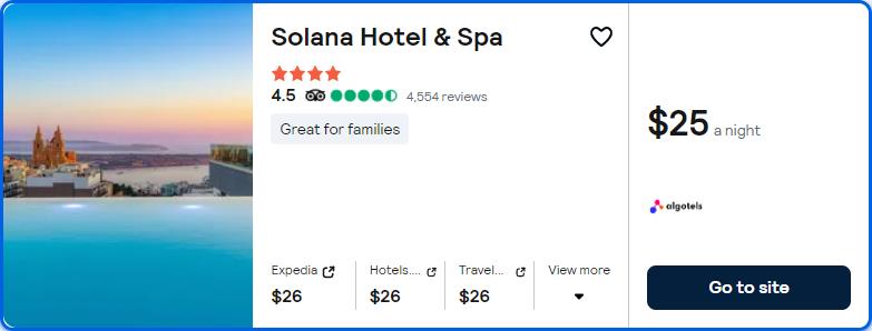 Stay at the 4* Solana Hotel & Spa in Malta for only $25 USD per night. Flight deal ticket image.