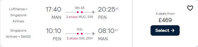 Click here to book this cheap flight deal. Cheap flights from Manchester, UK to Penang, Malaysia for only £469 roundtrip with Lufthansa, Singapore Airlines and Swiss International Air Lines. Flight deal ticket image.