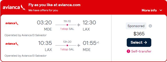 Cheap flights from Medellin, Colombia to Los Angeles, USA for only $365 USD roundtrip. Flight deal ticket image.