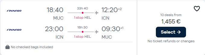 Business Class flights from European cities to Seoul, South Korea from only €1455 roundtrip with Finnair. Flight deal ticket image.