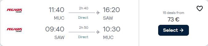 Non-stop flights from Munich, Germany to Istanbul, Turkey for only €73 roundtrip. Flight deal ticket image.
