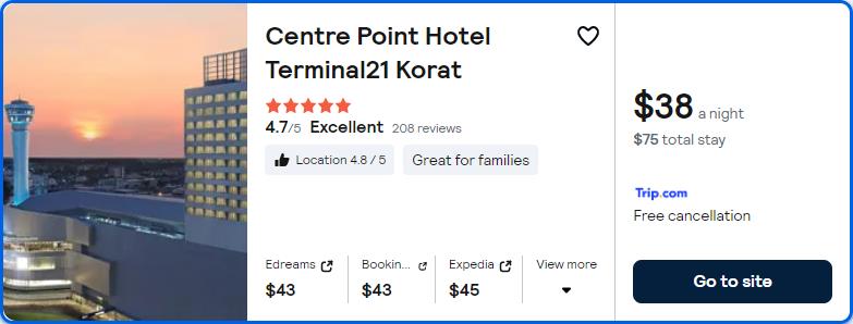 Stay at the 5* Centre Point Hotel Terminal21 Korat in Nakhon Ratchasima, Thailand for only $38 USD per night. Flight deal ticket image.