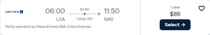 Click here to book this cheap flight deal. Cheap flights from New York to the Bahamas for only $86 one-way with United Airlines. Flight deal ticket image.