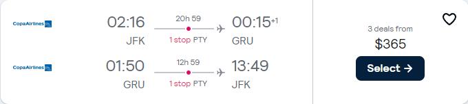 Cheap flights from US cities to Sao Paulo, Brazil from only $365 roundtrip with Copa Airlines. Flight deal ticket image.
