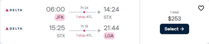 Cheap flights from New York to the US Virgin Islands for only $253 roundtrip with Delta Air Lines. Flight deal ticket image.