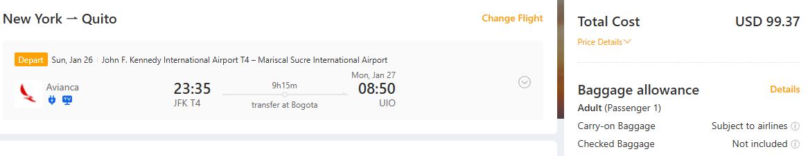 Cheap flights from New York to Quito, Ecuador for only $99 one-way with Avianca. Flight deal ticket image.