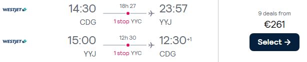 Click here to book this cheap flight deal. Cheap flights from Paris, France to Victoria, Canada for only €261 roundtrip. Flight deal ticket image.