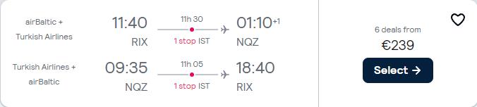 Cheap flights from Riga, Latvia to Nur-Sultan, Kazakhstan for only €239 roundtrip with Turkish Airlines. Flight deal ticket image.
