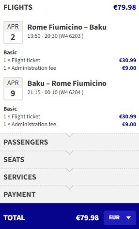 Non-stop flights from Rome, Italy to Baku, Azerbaijan for only €79 roundtrip. Flight deal ticket image.