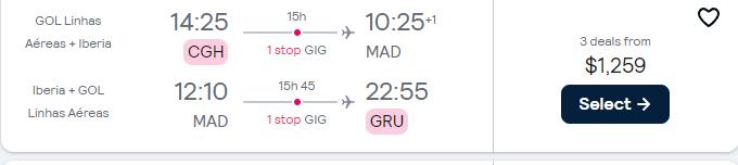 Business Class, summer flights from Sao Paulo, Brazil to Madrid, Spain for only $1259 USD roundtrip with Iberia. Flight deal ticket image.