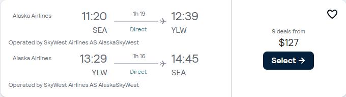 Non-stop flights from Seattle to Kelowna, Canada for only $127 roundtrip with Alaska Airlines. Flight deal ticket image.