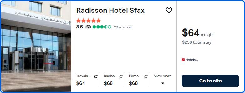 Click here to book this cheap flight deal. Stay at the 5* Radisson Hotel Sfax in Sfax El Maou, Tunisia for only $64 USD per night over Christmas and New Year. Flight deal ticket image.