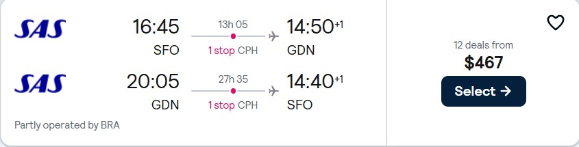 Click here to book this cheap flight deal. Cheap flights from San Francisco to Gdansk, Poland for only $467 roundtrip with Scandinavian Airlines. Flight deal ticket image.