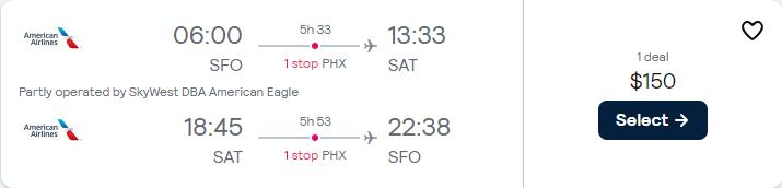 Cheap flights from San Francisco to San Antonio, Texas for only $150 roundtrip with American Airlines. Also works in reverse. Flight deal ticket image.