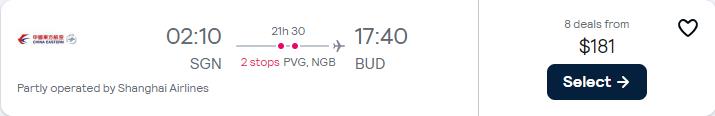 Click here to book this cheap flight deal. Cheap flights from Ho Chi Minh City, Vietnam to Budapest, Hungary for only $181 USD one-way. Flight deal ticket image.