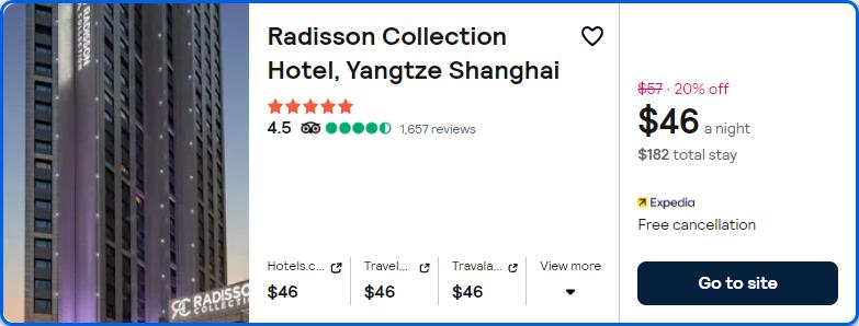 Click here to book this cheap flight deal. Stay at the 5* Radisson Collection Hotel, Yangtze Shanghai in Shanghai, China for only $46 USD per night. Flight deal ticket image.