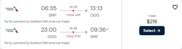 Click here to book this cheap flight deal. Cheap flights from Sacramento, California to Kahului, Hawaii for only $216 roundtrip with American Airlines. Also works in reverse. Flight deal ticket image.