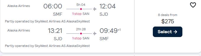 Cheap flights from Sacramento, California to San Jose del Cabo, Mexico for only $270 roundtrip with Alaska Airlines. Flight deal ticket image.