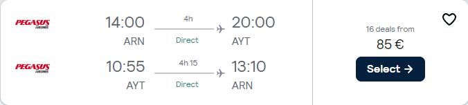 Non-stop flights from Stockholm, Sweden to Antalya, Turkey for only €85 roundtrip. Flight deal ticket image.