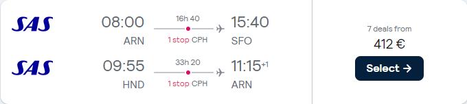 Open-jaw flights from Stockholm, Sweden to San Francisco, USA returning from Tokyo, Japan for only €412 roundtrip with Scandinavian Airlines. Flight deal ticket image.
