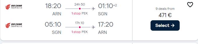 Click here to book this cheap flight deal. Cheap flights from Stockholm, Sweden to Ho Chi Minh City, Vietnam for only €471 roundtrip. Flight deal ticket image.