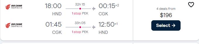 Click here to book this cheap flight deal. Cheap flights from Tokyo, Japan to Jakarta, Indonesia for only $196 USD roundtrip. Flight deal ticket image.