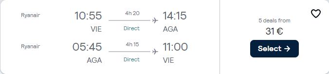 Non-stop flights from Vienna, Austria to Agadir, Morocco for only €31 roundtrip. Flight deal ticket image.