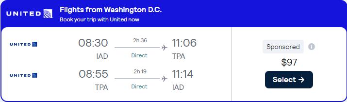 Click here to book this cheap flight deal. Non-stop flights from Washington DC to Tampa, Florida for only $97 roundtrip with United Airlines. Also works in reverse. Flight deal ticket image.