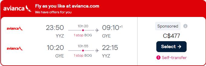 Cheap flights from Toronto, Canada to Guayaquil, Ecuador for only $477 CAD roundtrip with Avianca. Flight deal ticket image.