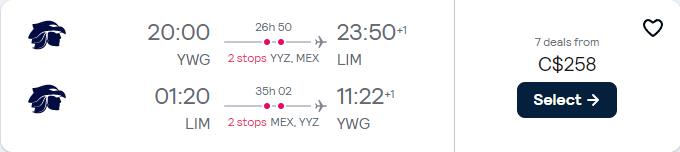 Error Fare flights from Winnipeg or Edmonton, Canada to South America from only $258 CAD roundtrip with Aeromexico. Flight deal ticket image.