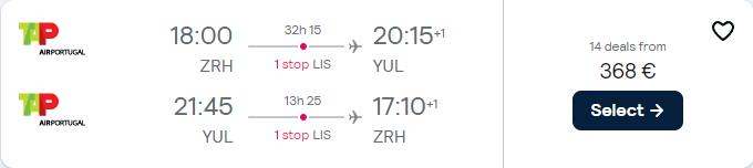 Cheap flights from Zurich, Switzerland to Montreal or Toronto, Canada from only €368 roundtrip with TAP Air Portugal. Flight deal ticket image.