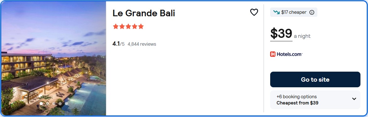 Click here to book this cheap flight deal. Stay at the 5* Le Grande Bali in Bali, Indonesia for only $39 USD per night. Flight deal ticket image.