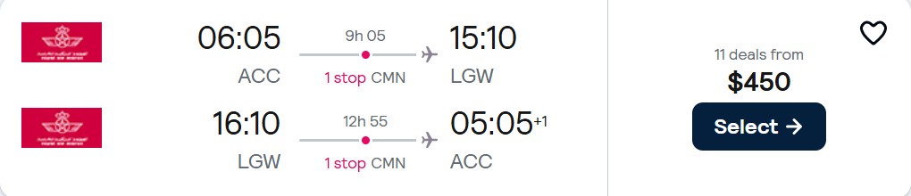 Click here to book this cheap flight deal. Cheap flights from Accra, Ghana to London, UK for only $450 USD roundtrip with Royal Air Maroc. Flight deal ticket image.