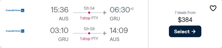 Cheap flights from Austin, Texas to Sao Paulo, Brazil for only $384 roundtrip with Copa Airlines. Flight deal ticket image.