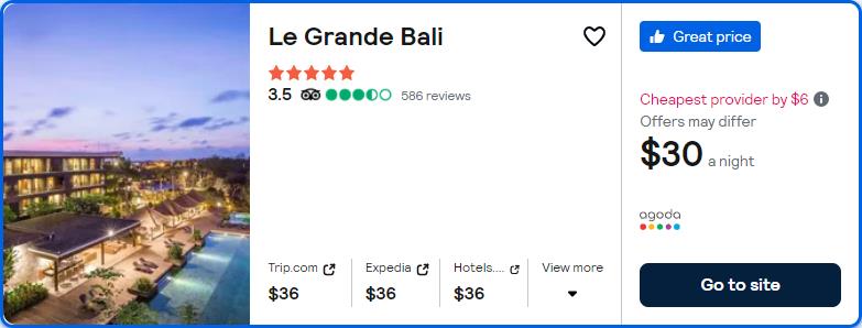 Click here to book this cheap flight deal. Stay at the 5* Le Grande Bali in Bali, Indonesia for only $30 USD per night. Flight deal ticket image.