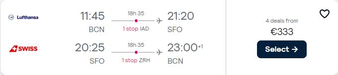 Click here to book this cheap flight deal. Cheap flights from Spanish cities to San Francisco, USA from only €333 roundtrip with United Airlines and Swiss International Air Lines. Flight deal ticket image.