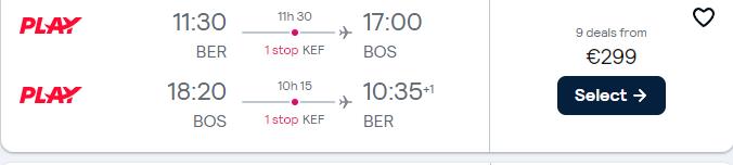 Cheap flights from Berlin, Germany to Boston, USA for only €299 roundtrip. Flight deal ticket image.