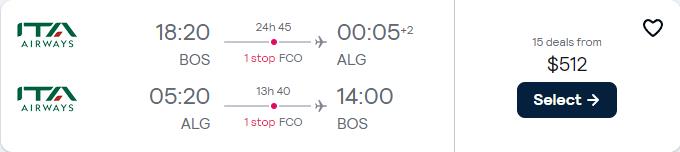 Cheap flights from Boston to Algiers, Algeria for only $512 roundtrip. Flight deal ticket image.