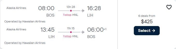 Cheap flights from Boston to Lihue, Hawaii for only $425 roundtrip with Hawaiian Airlines. Also works in reverse. Flight deal ticket image.