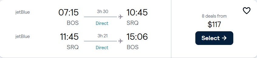 Non-stop flights from Boston to Sarasota, Florida for only $117 roundtrip with JetBlue. Also works in reverse. Flight deal ticket image.