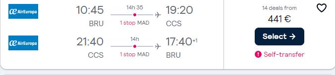 Cheap flights from European cities to Caracas, Venezuela from only €441 roundtrip with Air Europa. Flight deal ticket image.