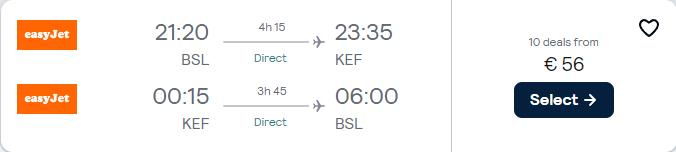 Click here to book this cheap flight deal. Non-stop flights from Basel, Switzerland to Reykjavik, Iceland for only €59 roundtrip. Flight deal ticket image.